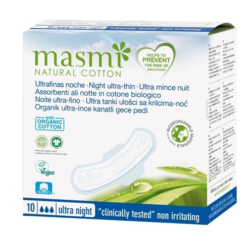 MASMI Natural Cotton -  Ultradünne Bio Binden mit Flügeln - Nacht 10Stk.